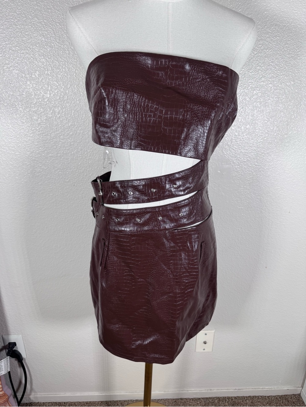 Fashion Nova Croc-Embossed Strapless Mini Skirt Set - Dark Brown